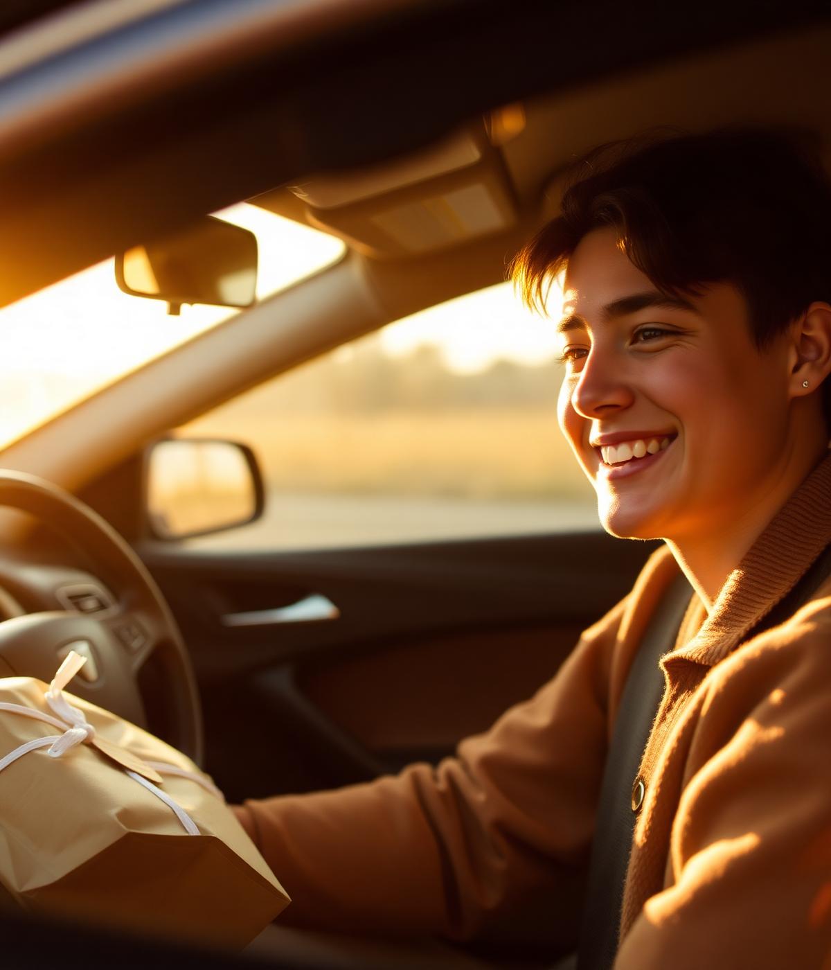 A smiling driver in a car at golden hour with a wrapped parcel on the passenger seat